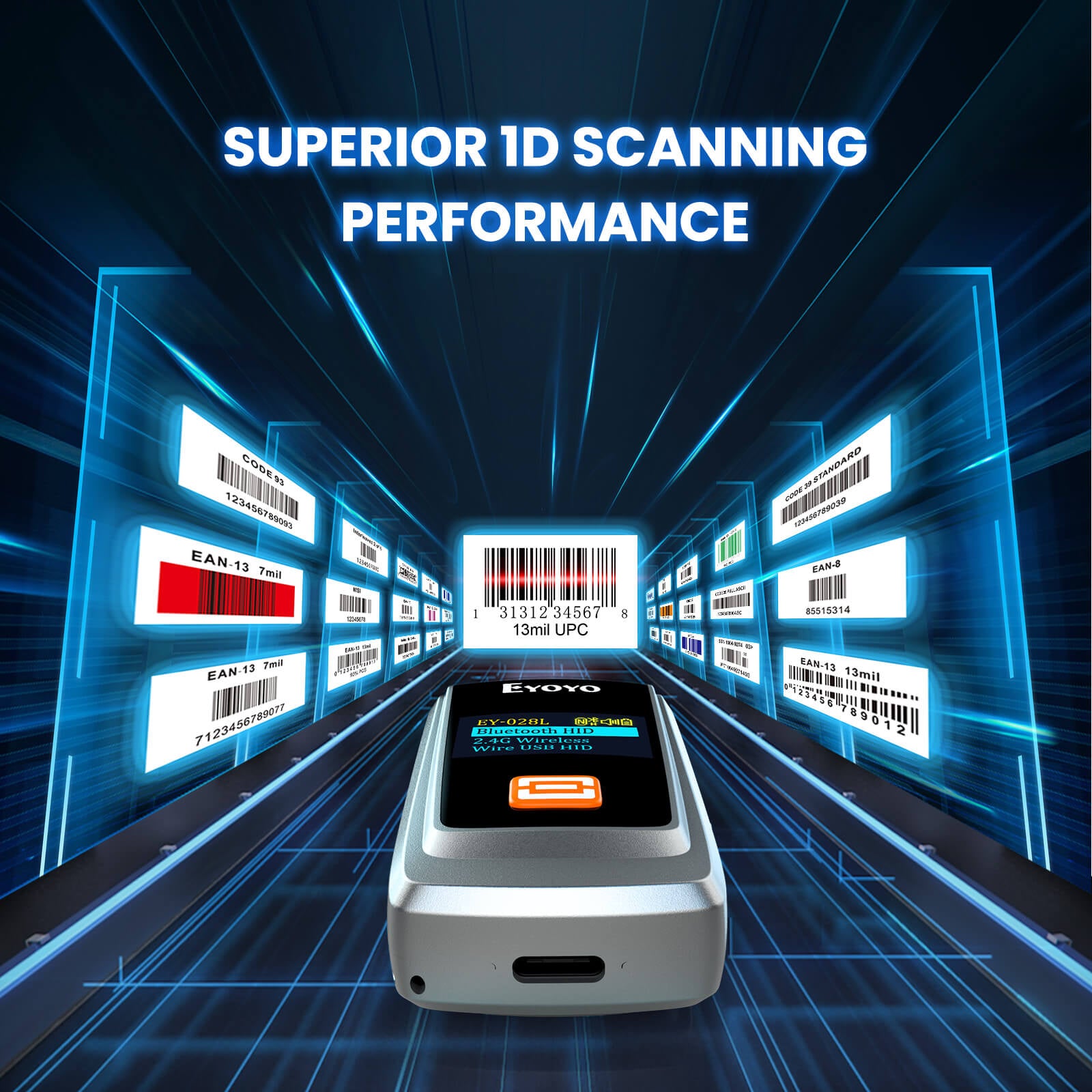 Eyoyo EY-028L 1D Laser Bluetooth Barcode Scanner with LCD Display